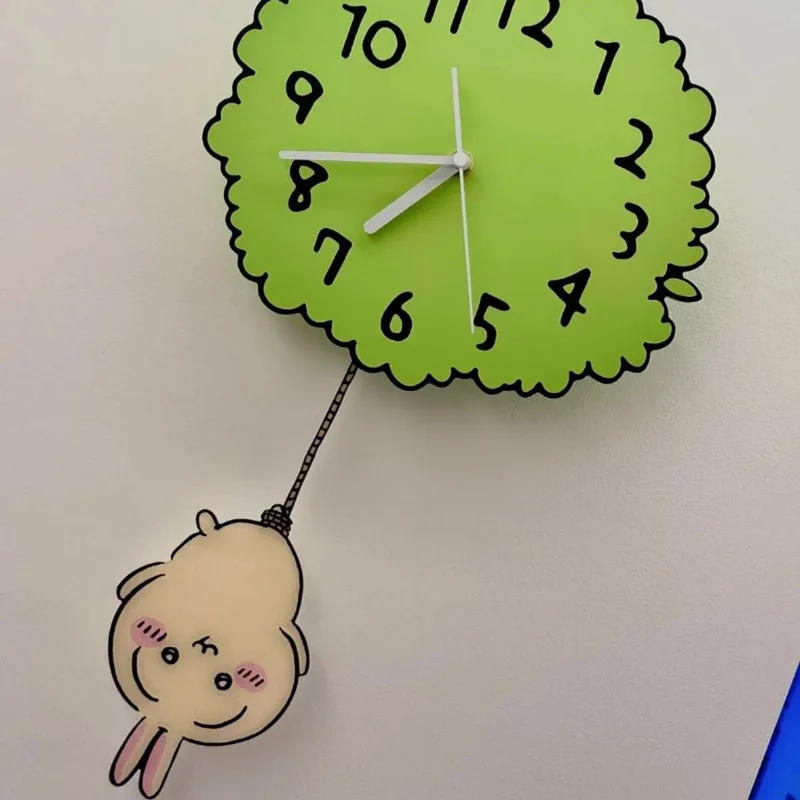 Wall Clock Silent - 귀여운 치이카와 진자형 벽시계, 녹색 나무