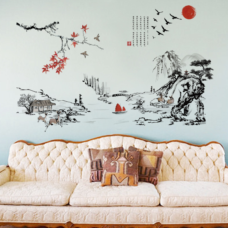 중국 스타일 잉크 그림 풍경 예술 벽 스티커 거실 침실 - Home Decor Indonesia 리뷰 및 가격