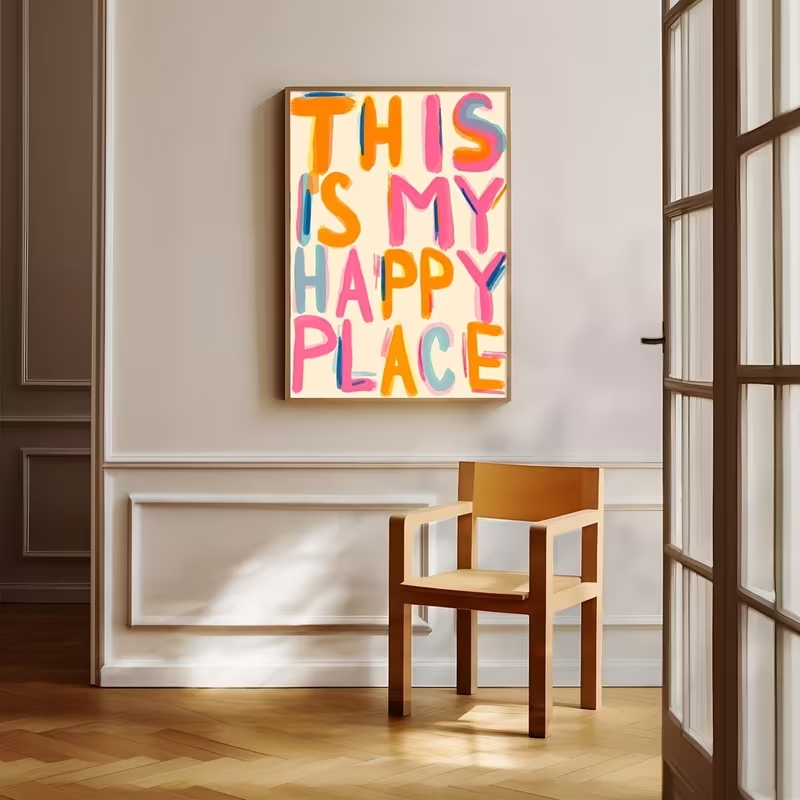 현대적인 '이곳은 나의 행복한 곳' 문구가 있는 벽 예 - Home Decor Aesthetic 리뷰 및 가격