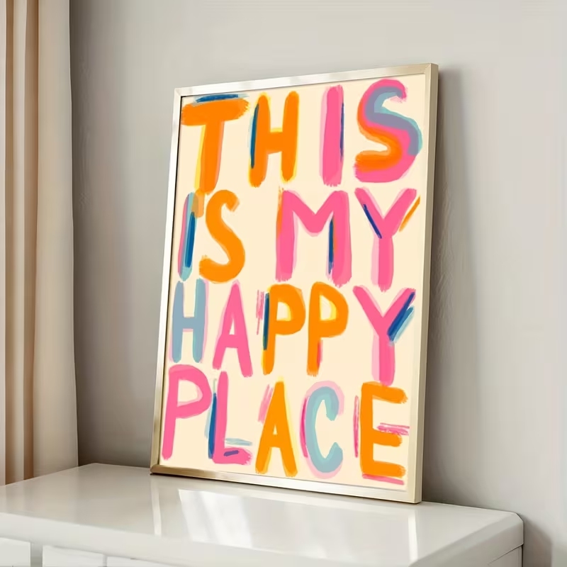 현대적인 '이곳은 나의 행복한 곳' 문구가 있는 벽 예 - Home Decor Aesthetic 리뷰 및 가격